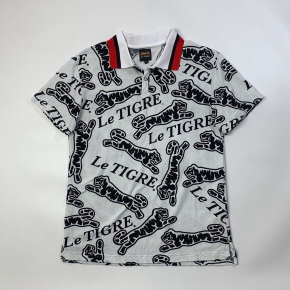 Le Tigre Polo Shirt Mens M White Red Cotton All Over Print Dumont Snap Buttons - Picture 2 of 10